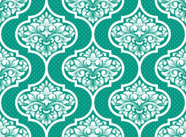 Vektör damask Dikişsiz desen arka plan. Klasik lüks eski moda damask süsleme, duvar kağıtları, tekstil, sarma için Kraliyet Viktorya Dikişsiz doku. Nefis çiçek Barok şablonu.