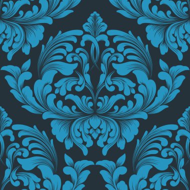 Vektör damaske desen elementi. Klasik lüks, eski moda İspanyol süsü, duvar kağıtları, tekstil ve ambalaj için kraliyet Victoria dönemi dikişsiz dokusu. Zarif çiçekli barok şablonu.