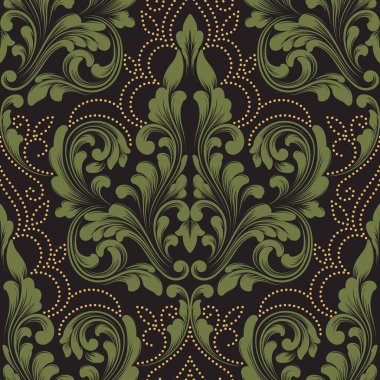 Vektör damaske desen elementi. Klasik lüks, eski moda İspanyol süsü, duvar kağıtları, tekstil ve ambalaj için kraliyet Victoria dönemi dikişsiz dokusu. Zarif çiçekli barok şablonu.