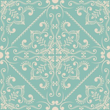 Vektör damaske desen elementi. Klasik lüks, eski moda İspanyol süsü, duvar kağıtları, tekstil ve ambalaj için kraliyet Victoria dönemi dikişsiz dokusu. Zarif çiçekli barok şablonu.