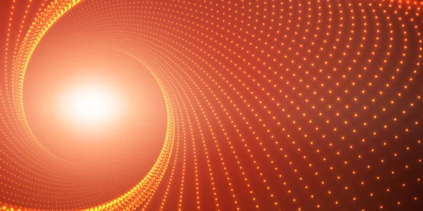 Kırmızı arka planda parlayan parlak fişeklerin sonsuz yuvarlak tünelini yönlendir. Parlayan noktalar tünel oluşturur. Soyut renkli siber geçmiş. Zarif modern geometrik duvar kağıdı. Işıldayan noktalar.