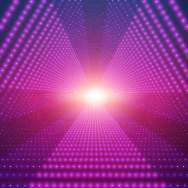 Vector Infinite Triangular Tunnel Shining Flares Violet Background Glowing Points — Stock Vector