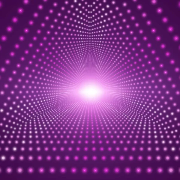 Vektor Unendlicher Dreieckiger Tunnel Leuchtender Fackeln Auf Violettem Hintergrund Glühpunkte — Stockvektor