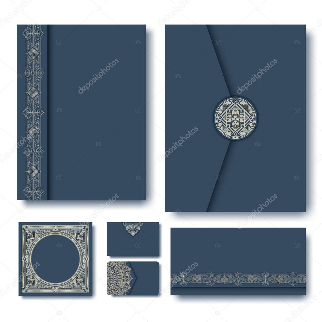 Set of vector folders with vintage geometric monogram frames and elements on dark blue background. Monogram design element. Vintage styled initial decoration. Business paper set.