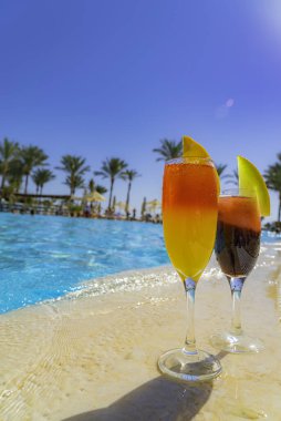 Yüzme havuzunun kenarında doğal meyve suyu ve buzlu iki kokteyl. Portakal dilimli portakal kokteyli ve kavun dilimli kırmızı. Arkaplanda canlı havuz suyu ve palmiye ağaçları var.