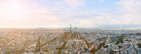 Eiffel tower and Paris city view form Montparnasse tower panorama. Sunny autumn day. Aerial panormic view of Paris skyline
