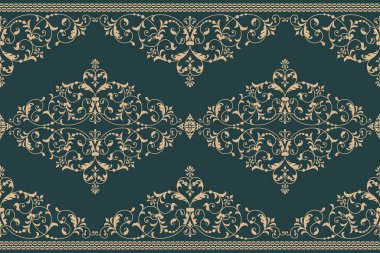 Vektör damaske sınır unsuru ve sayfa dekorasyonu. Klasik lüks sınır dekorasyonu. Tekstil, ambalaj vs. için kusursuz doku. Klasik, zarif, çiçekli barok şablonu.