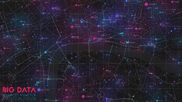 Duże zbiory danych we współczesnym mieście. Abstrakcyjne informacje społeczne sortowanie wizualizacji. Powiązania międzyludzkie lub analiza struktury finansowej miast. Złożone dane geoprzestrzenne. Złożoność informacji wizualnej. — Wektor stockowy