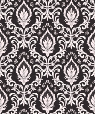 Damask kusursuz desen elementi. Vector klasik lüks, eski moda İspanyol süsü, duvar kağıtları, tekstil, ambalaj için kraliyet Victoria dönemi kusursuz dokusu. Klasik, zarif, çiçekli barok şablonu..