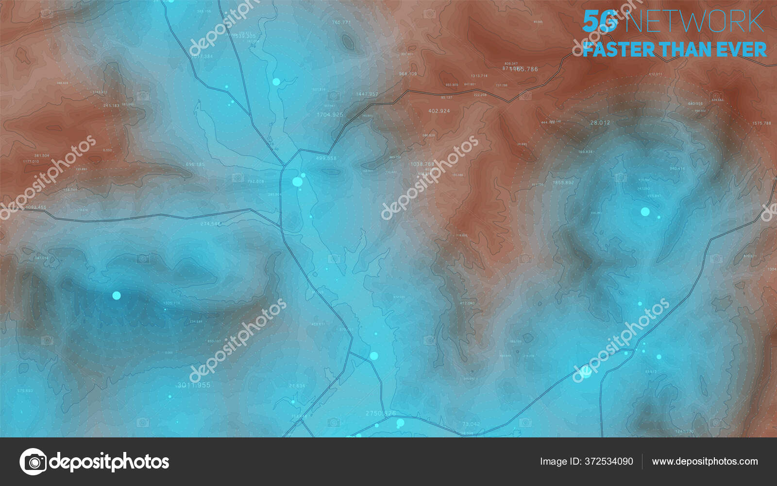 5G coverage map of land. Elevation map with high signal zones. Wifi ...