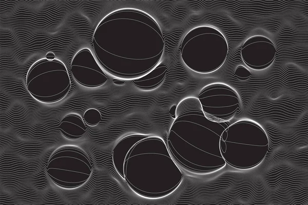 Ultra tunn linje bubbla vätska geometri. Dynamisk vektorsfärisk förvrängd yta. Digital fraktal 3D-skum. Minimalistisk grafik på svart bakgrund. — Stock vektor