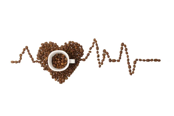 Cup with coffee beans, lined with coffee beans cardiogram and he — Stock Photo, Image