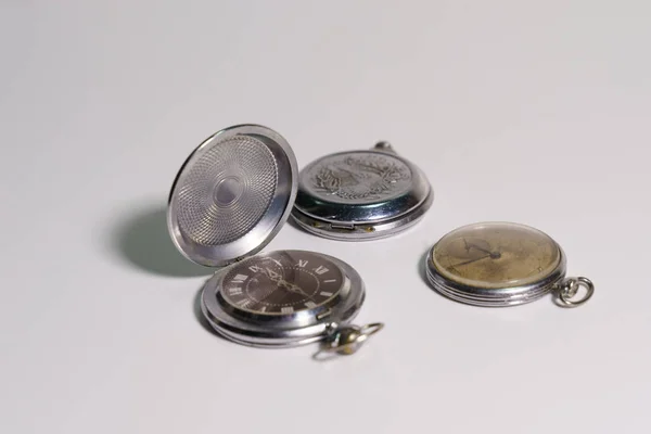 Three Old Pocket Metal Watches White Background — Stock Photo, Image