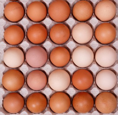 Kağıt bir kabın içinde sarı, bej ve beyaz tavuk yumurtaları. Kraft kağıt arkaplanı.