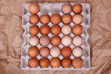 Kağıt bir kabın içinde sarı, bej ve beyaz tavuk yumurtaları. Kraft kağıt arkaplanı.