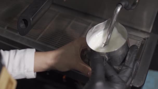 Melk Maken Voor Een Cappuccino Met Behulp Van Een Koffiezetapparaat — Stockvideo