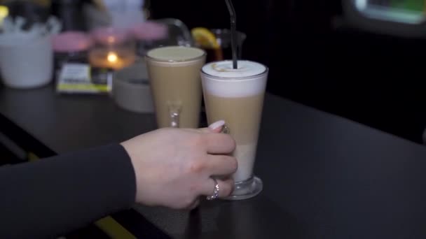 Girl Takes Latte Table Slow Motion — Stock Video