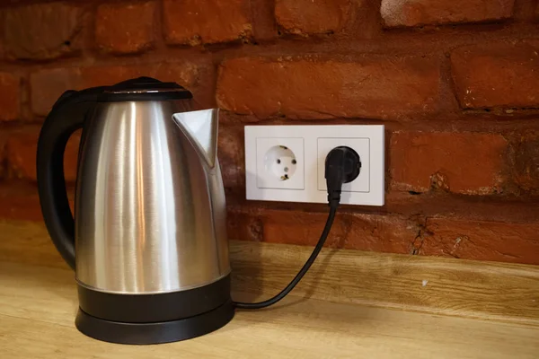 Metal Electric Kettle Plugged Power Outlet Side View — Stock Photo, Image