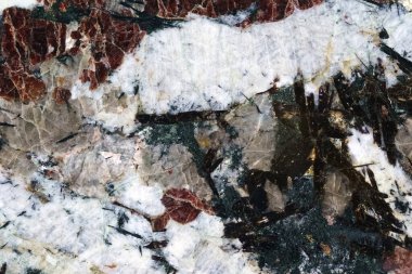 Cilalanmış taşın dokusu. Beyaz, kahverengi, siyah, gri, yeşil ve kırmızı benekli yüzey