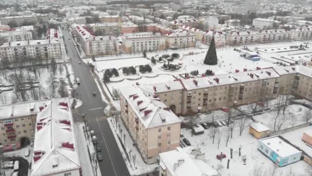 Praça Cidade Inverno Vista Edifícios Árvore Quadrada Natal Aero Vídeo — Vídeo de Stock