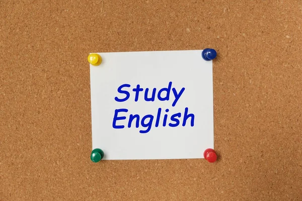 Text Study English Written Sticker Pin Cork Board — Stock fotografie