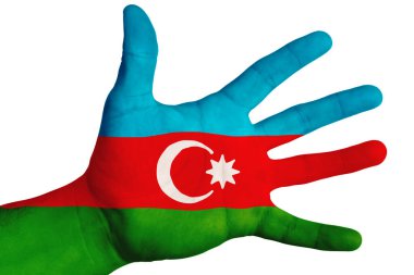 Azerbaycan 'ın ulusal bayrağı erkek elinde resmedilmiştir. Beyaz arkaplanda resim