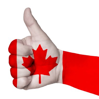Turizm ve turistik reklamlar, ülkenin olumlu siyasi ve sosyal yönetimi için mükemmellik, başarı, iyi bir sembol olarak renkli Kanada ulusal bayrağında el hareketleriyle el kaldırma