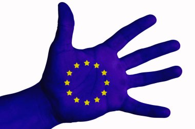 Açık el, çok amaçlı konsept, AB bayrağı - beyaz arka planda izole edilmiş