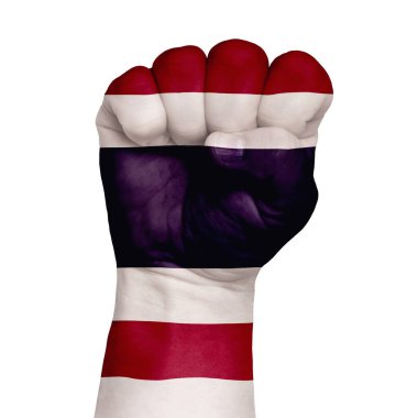 Tayland bayrağı renklerine boyanmış yumruğun sade bir resmi. Beyaz arka planda görüntü. İzole et