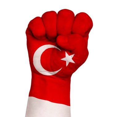 Hindi bayraklarına boyanmış bir yumruğun sade resmi. Beyaz arka planda görüntü. İzole et