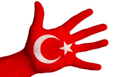 Türkiye bayrağı görüntüsüyle avuç içini aç. Çok amaçlı bir kavram. Beyaz arka planda görüntü. İzole et