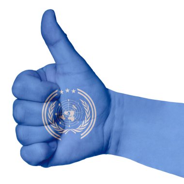 Ellerinizi kaldırın, Birleşmiş Milletler bayrağı mükemmelliğin, başarının, iyinin sembolü olarak çizildi. Beyaz arkaplanda resim.