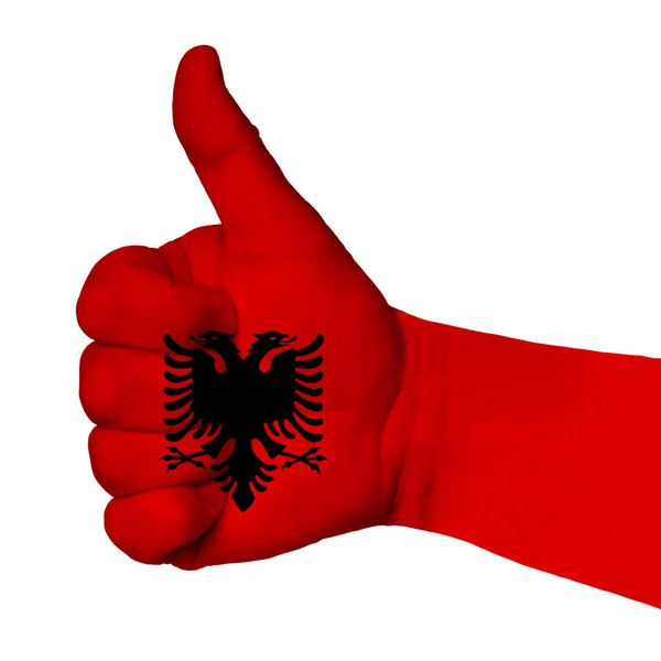 Ruka Palcem Nahoru Albánie Vlajka Malované Jako Symbol Excelence Úspěch — Stock fotografie