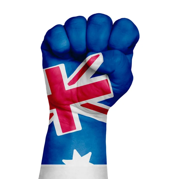 Visszafogott Kép Egy Öklről Amit Ausztrália Zászlajára Festettek Fehér Alapon — Stock Fotó