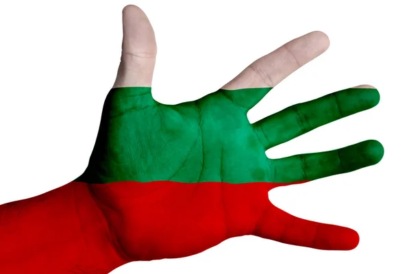 Muž Vlajkou Bulharska Dlani Dlani Obrázek Bílém Pozadí — Stock fotografie