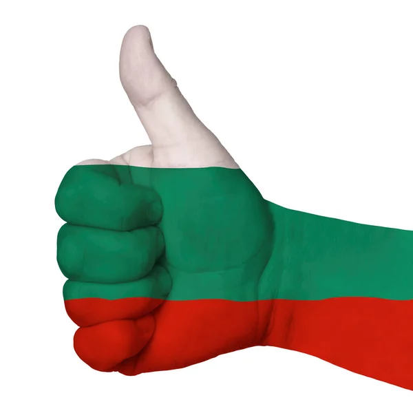 親指をサインアップする手作りの親指のシンボルとしてフラグで描かれたブルガリアは 白の背景に隔離されています — ストック写真