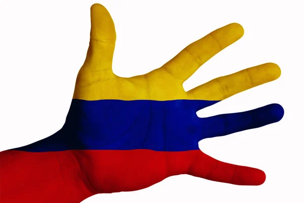 Egy Férfi Kolumbia Zászlaját Mutatja Tenyerében Kép Fehér Alapon — Stock Fotó