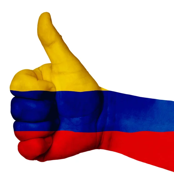 Mão Com Polegar Até Gesto Bandeira Nacional Colômbia Colorido Como — Fotografia de Stock