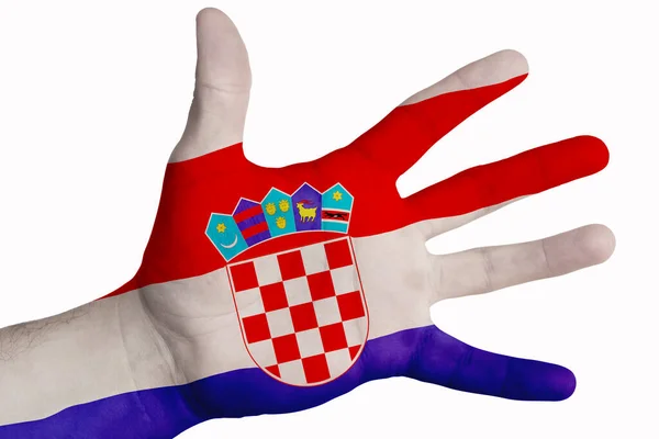 Man Visar Kroatiens Flagga Handflatan Bild Vit Bakgrund — Stockfoto