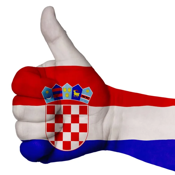 Hand Met Duim Omhoog Gebaar Gekleurd Kroatische Nationale Vlag Als — Stockfoto