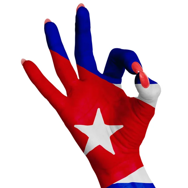 手作りOkサイン 最高の品質 積極性と成功の象徴として描かれたキューバの旗 白い背景に孤立 — ストック写真