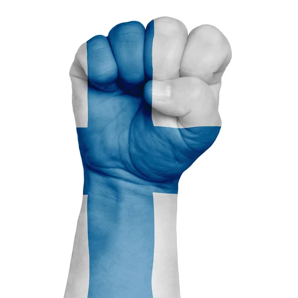 Finská Národní Vlajka Namalovaná Mužské Zaťaté Pěsti Síla Síla Protestní — Stock fotografie