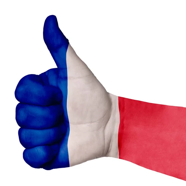 Ruka Palcem Nahoru Gesto Zabarvené Francouzské Národní Vlajce Jako Symbol — Stock fotografie