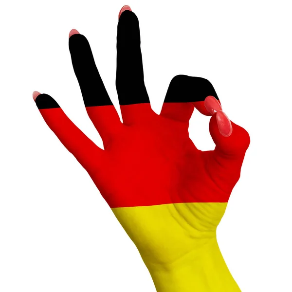 Niemiecka Flaga Narodowa Namalowana Kobiecej Dłoni Znakiem Obraz Białym Tle — Zdjęcie stockowe