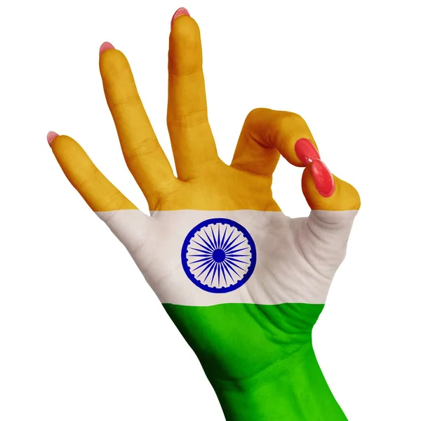 Державний Прапор Індії Намальований Жіночій Руці Показує Знак Малюнок Білому — стокове фото