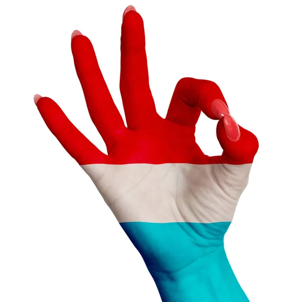 Luxemburg Nemzeti Zászló Festett Női Kéz Mutatja Rendben Jel Kép — Stock Fotó