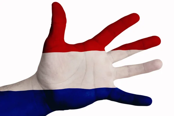 Otevřená Dlaň Vyobrazením Vlajky Nizozemska Víceúčelový Koncept Obrázek Bílém Pozadí — Stock fotografie