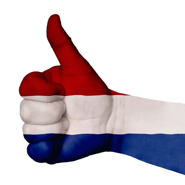 Ruka Palcem Nahoru Nizozemská Vlajka Namalovaná Jako Symbol Excelence Úspěch — Stock fotografie