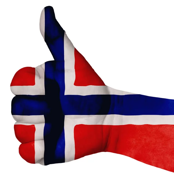 Mano Con Pulgar Hacia Arriba Bandera Noruega Pintada Como Símbolo — Foto de Stock