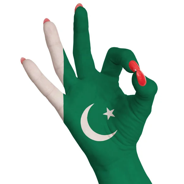 Bandeira Nacional Paquistão Pintada Uma Mão Feminina Mostrando Sinal Imagem — Fotografia de Stock